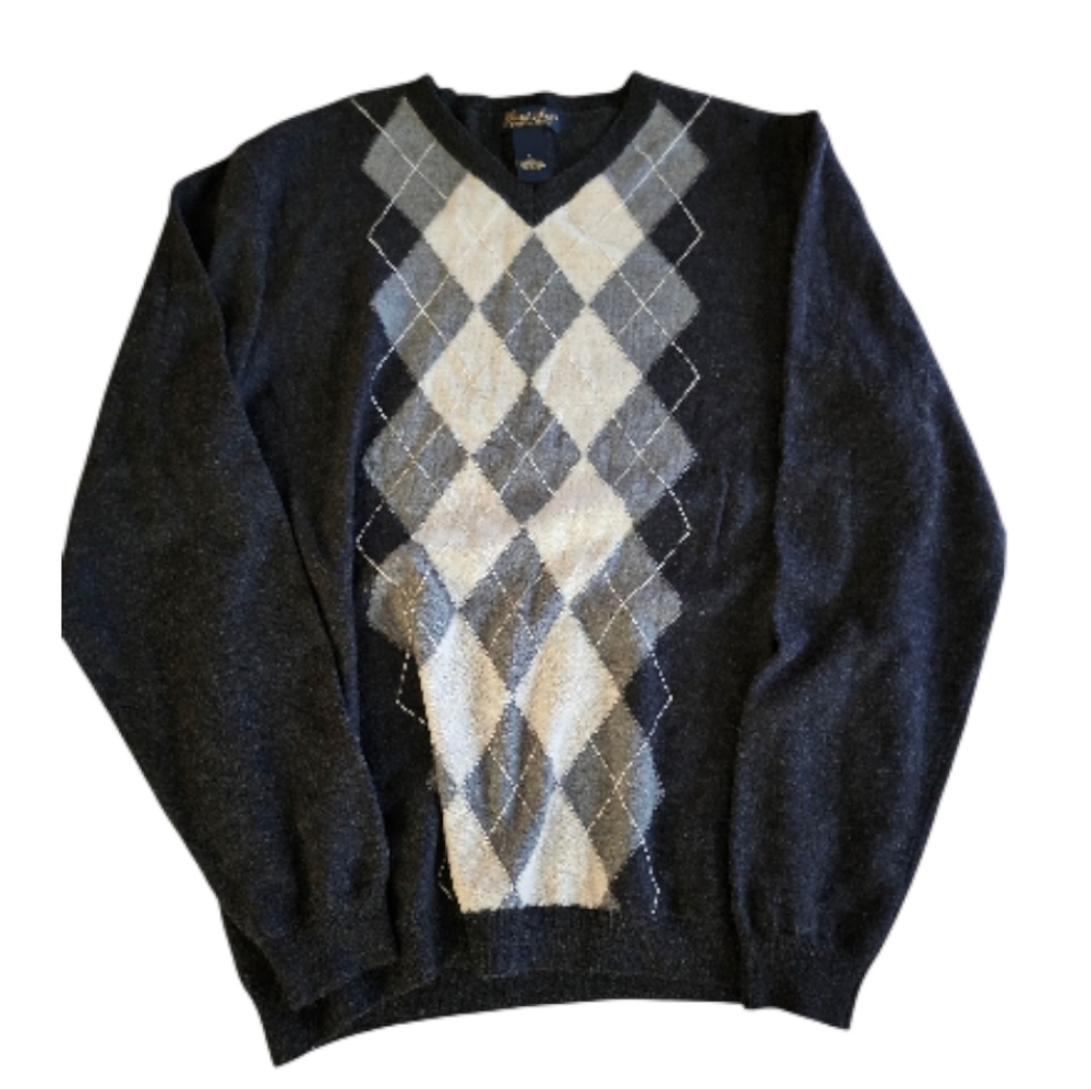 Garret Scott LG Extra Fine Merino 100% Wool Argyle Gray Diamond Pattern Sweater